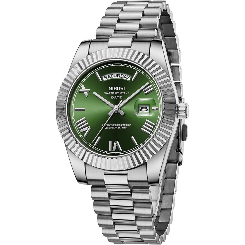Men's Silver Green Stainless Steel Analog Classic Design Stylish Wrist Watch